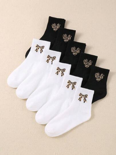 5/10 Pairs Kids Heart & Bow Leopard Print Socks, Girls Short Socks, Fashionable & Cute Unisex Kids Socks, Suitable For Valentine's Day Gift, Everyday Wear In Spring, Autumn, Winter