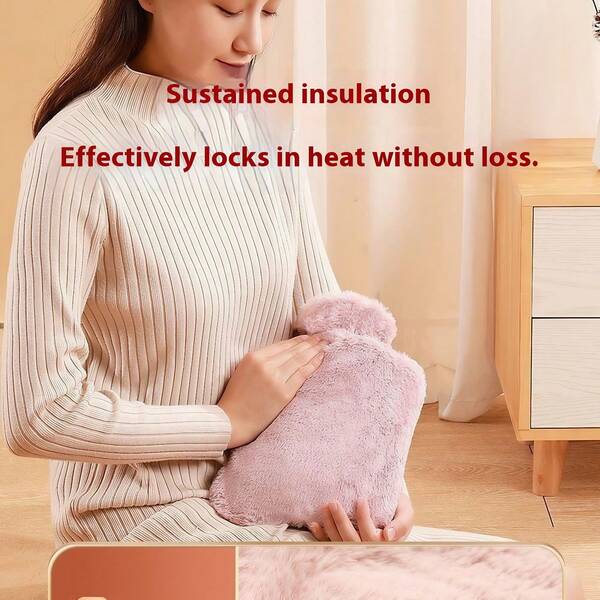 1 paquete Bolsa de agua caliente con funda de piel sintética lujosa, Bolsa de agua caliente a prueba de fugas de 2L para dolor de cuello y hombros, calentamiento de manos y pies (rosa y gris)