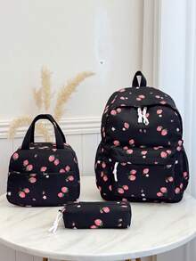 3pcs Backpack Set - Fashionable Large Capacity Backpack + Lunch Bag + Pencil Case, With Laptop Compartment, Strawberry Pattern Backpack, Adjustable Shoulder Straps And Spacious Multi-Pockets - Lightweight Zipper Bags, Suitable For Women/Girls/Students/Teens/Graduates, Perfect For Outdoor/Travel/Middle School/High School/College - Black - View 1