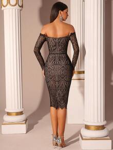 Women's Elegant Lace Sweetheart Neck Off Shoulder Long Sleeve Backless Bandage Cocktail Party Dress