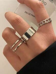 3 件套炫酷开口可调节简约女士戒指套装 - 黑色 - 查看 1