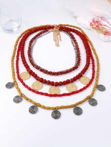 1 件复古多层串珠几何合金吊坠项链，休闲简约奢华百搭女士项链配饰 - 幾何吊墜項鍊 - 查看 12