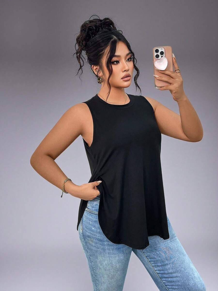 1 pieza Camiseta sin mangas deportiva de verano de talla grande con abertura lateral, color negro