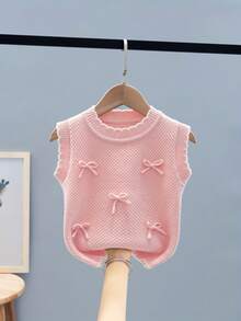 Girls' Cute Sleeveless Knitted Vest With Ruffle Collar And Bow Design, Suitable For Outdoor, Vacation, Travel - Pink - View 1