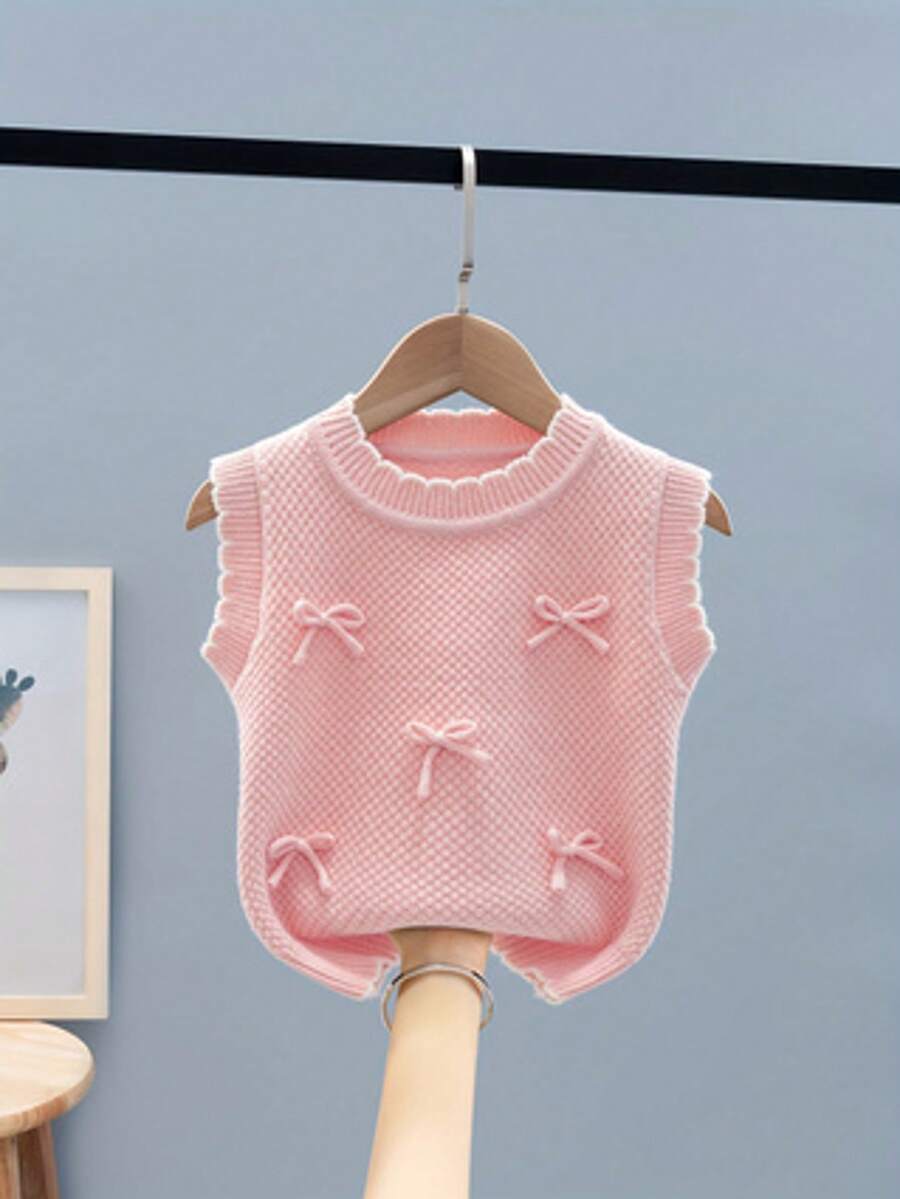 Girls' Cute Sleeveless Knitted Vest With Ruffle Collar And Bow Design, Suitable For Outdoor, Vacation, Travel - Pink - View 1