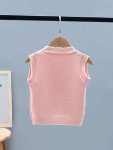 Girls' Cute Sleeveless Knitted Vest With Ruffle Collar And Bow Design, Suitable For Outdoor, Vacation, Travel - Pink - View 2