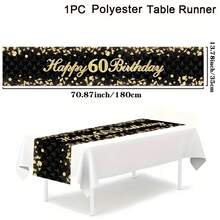 1pc 18 21 30 40 50 60 Years Old Happy Birthday Polyester Table Runner, 1pc Black & Gold Glitter Tablecloth, Birthday Party Decorations & 30 40 50 Anniversary Retirement Party Supplies, Suitable For Holiday Restaurant And Kitchen Decor, Also Can Be Used For Outdoor Theme Parties