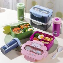 Cute Colorful Rectangular Bento Box With Spoon - Portable Single Compartment PP Plastic Food Container, Suitable For Breakfast, Fruit, Office, School, Travel And Camping - Lightweight And Durable - Blue - View 2