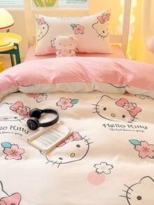 SANRIO 可爱印花 2/3 件床上用品套装 - ///（1 件羽绒被套 + 1/2 件枕套，无填充物）卡通全尺寸，柔软舒适，适合宿舍、家庭卧室、酒店、所有季节，带拉链开合和枕套，多色耐用，超大床上用品，超大羽绒被套套装 - 櫻花kt貓 - 查看 8