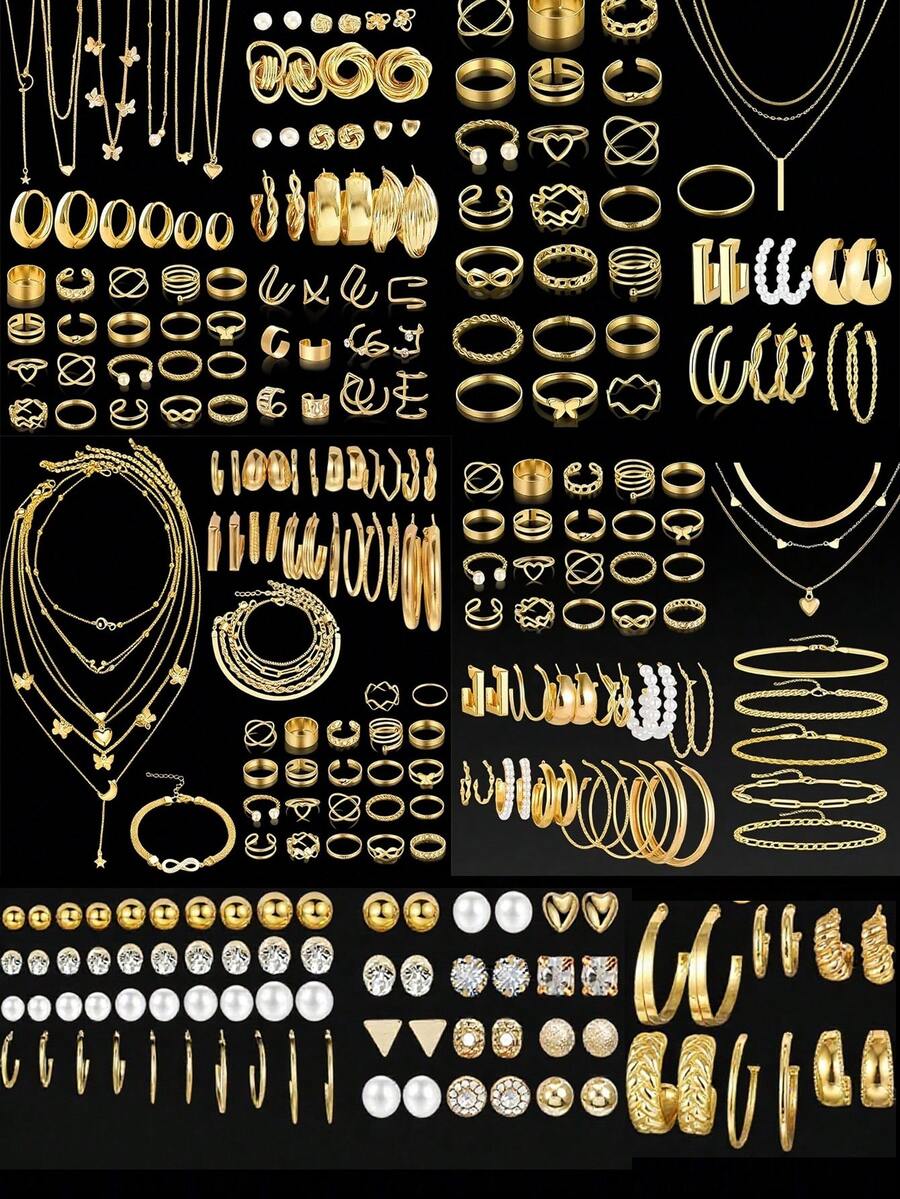 68/10pcs Elegant Vintage Butterfly, Heart, Faux Pearl, Twist Knot, Star, Moon, Rhinestone, Wide Band, Snake Chain, Braid Chain, Geometric C-Shape Earrings, Necklaces, Rings, Bracelets Jewelry Set, Suitable For Holidays, Parties, Daily Wear, Holiday Gifts - 彩色 - 查看 1