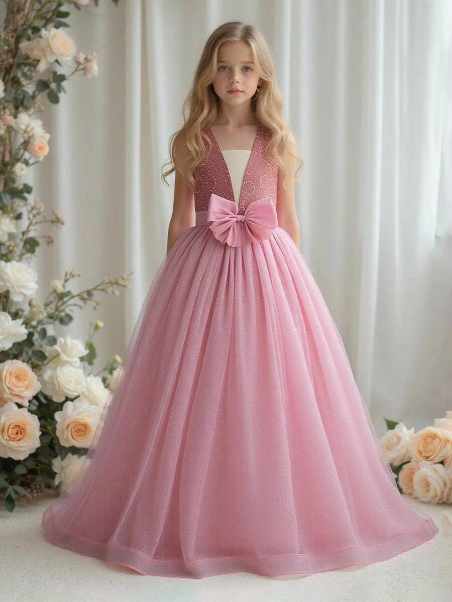 Girls Deep V Sequin Bridesmaid Wedding Party Dress, Elegant For Beauty ...