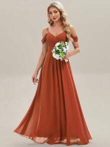 EVERPRETTY Elegant Solid Color V-Neck Pleated Applique Dress, Suitable For Bridesmaid, Wedding, Birthday, Formal Events, Parties, Spring/Summer - Burnt Orange - View 7