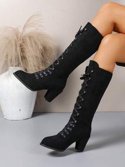 2025 Herbst/Winter Mode Pendler Stil Kniehohe Stiefel, einfarbige Stiefel mit quadratischer Zehenkappe und Plateauabsatz, mit Metallösen, elegant für alle Jahreszeiten, geeignet für Dates, Einkaufen, Pendeln, Partys - Valentinstag, Weihnachten