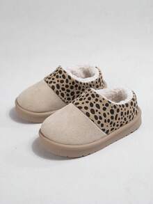 1 Paio di nuovi ciabattine da bambino stile basso in camoscio sintetico color cachi, con fodera in morbida pelliccia, motivo a pois neri, punta tonda, alla moda, confortevoli, calde, stile casual, adatte per l'uso invernale in casa e all'aperto (il motivo è casuale)