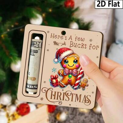 A Handmade Wooden Rural-Style Christmas Gingerbread Man Wallet - Featuring A 2D Flat Design With A Christmas Hat And Candy Cane Design For The Coin Slot, As Well As Festive Gift And Decoration Tree Ornaments. A Seasonal Decoration Suitable For Those Who Enjoy Seasonal Handicrafts. 2D Flat Home Decor Christmas Decorations Room Decor