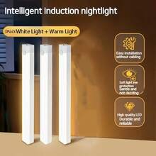 3 piezas de luces con sensor de movimiento, barras de luz nocturna para dormitorio, luces LED recargables por USB, adecuadas para habitación, gabinete, armario, pasillo y escaleras, 50 cm/30 cm/20 cm/10 cm, luz cálida/luz blanca - 3 piezas - Ver 3