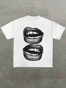 Grill Lips Funny Graphic Tee Shirt, Casual Soft, Pure Cotton 220gsm Pattern Printed T-Shirt - 白色 - 查看 1