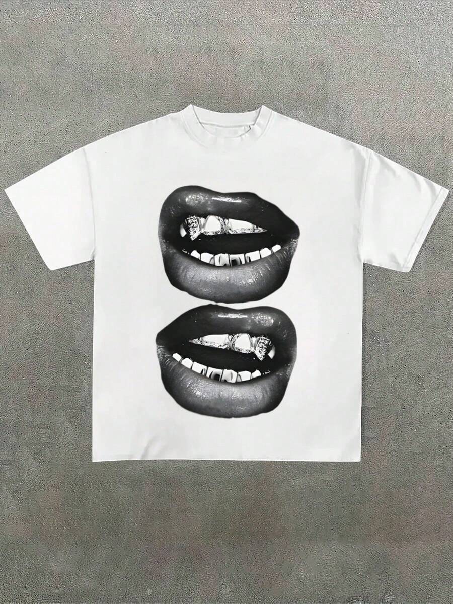 Grill Lips Funny Graphic Tee Shirt, Casual Soft, Pure Cotton 220gsm Pattern Printed T-Shirt - 白色 - 查看 1