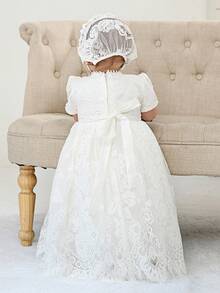 Infant/Baby Girl White Lace Tulle Dress, Long Baptism/Wedding/Birthday Party Dress - White - View 3
