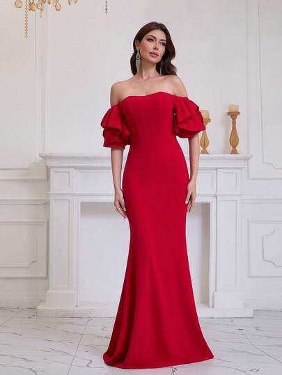 Vestido de mujer con falda de tubo con volantes de un hombro de un solo color y silueta ajustada