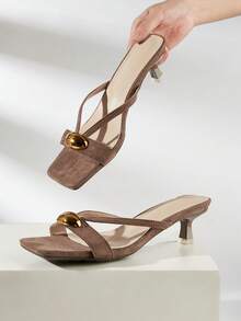 Sandalias de tacón alto con puntera cuadrada y decoración metálica, estilo casual de mulas para uso al aire libre, nueva moda elegante para mujeres 2025 - Marrón - Ver 5