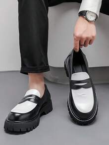 2025 New Men's Formal Slip-On Loafers [ Street Style], Black & White Patchwork Thick Sole Loafers, British Style Slip-On + Premium Leather Patchwork, Unique Serrated Outsole For Height Increase & Slimming, Suitable For Casual, Business And Various Styles