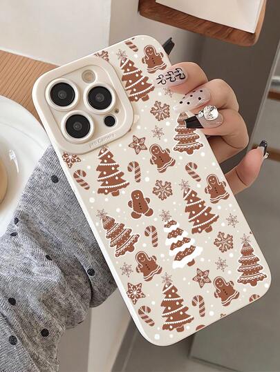 1pc Fashionable & Unique Christmas Tree & Gingerbread Man Graphic White Soft Phone Case, Compatible With IPhone 16/16Pro/16Plus/15/15ProMax/15Pro/11/12/13/14ProMax/12Mini/13Mini/11Pro/11ProMax/12Pro/12ProMax/13Pro/13ProMax/14Pro/14ProMax, Creative & Elegant Waterproof Shockproof Anti-Fall Scratch Resistant