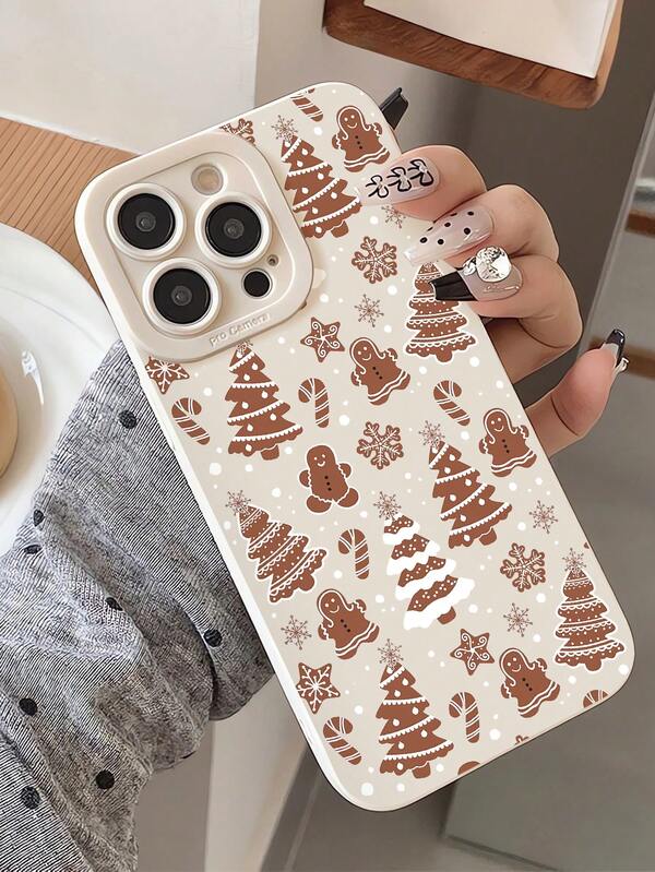 1pc Fashionable & Unique Christmas Tree & Gingerbread Man Graphic White Soft Phone Case, Compatible With IPhone 16/16Pro/16Plus/15/15ProMax/15Pro/11/12/13/14ProMax/12Mini/13Mini/11Pro/11ProMax/12Pro/12ProMax/13Pro/13ProMax/14Pro/14ProMax, Creative & Elegant Waterproof Shockproof Anti-Fall Scratch Resistant