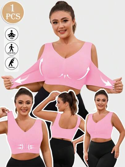 1pc Seamless Wireless Front Closure Adjustable Supportive Yoga Sleep Bra, Comfortable Pullover Sports Bra For Plus Size Women