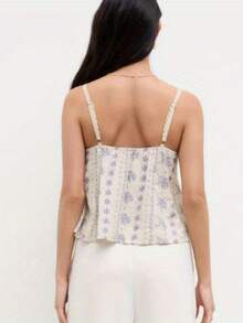Women's Summer Babydoll Tank Tops Stylish Floral Print Lace Trim Loose Hem V Neck Spaghetti Strap Camisoles - 藍色 - 查看 3