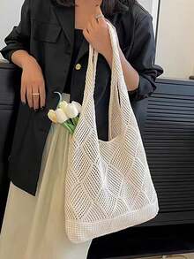 Sommer-Essential für Damen, gehäkelte, gestrickte Tragetasche, Strandtasche mit großem Fassungsvermögen, Umhängetasche, saisonaler Rucksack für Damen, Strandtasche, perfekt für Sommer, Urlaub und den täglichen Gebrauch, Cut-Out