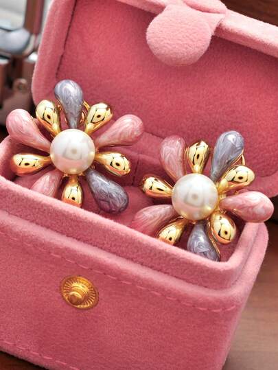 1 Pair Elegant Vintage Enamel Firework Design Women Earrings, Luxurious Pearl Inlaid Ear Studs/Clips, Suitable For Daily Wear