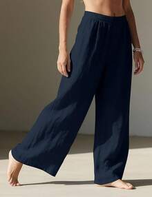 Linen Pants Women Wide Leg Palazzo Summer Flowy Beach Vacation Elastic Waist Travel Trousers With Pockets DSEF - 藏蓝色 - 查看 5