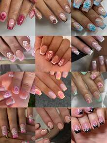 288片（12种不同款式）短方形3D凝胶美甲贴纸，可打造莲花美甲、法式亚克力按压美甲、短款美甲，粉色法式、黄色法式、白色法式设计，完美适配短款假指甲套装。易于佩戴，适合夏季美甲和法式美甲，适合女性、女孩日常工作、派对等场合。美甲用品 - 彩色 - 查看 2