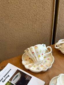 1 Set Taza y platillo de cerámica con flores silvestres románticas de primavera, Taza y platillo de café con flores frescas de verano, Taza de arte de latte ondulado, Plato de postre lindo, Plato para dulces, Ideal para reuniones al aire libre, picnics, decoración de cafés