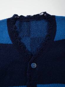 ANDREILEE Plaid V-Neck Long Sleeve Dropped Shoulder Letter Print Casual Loose Unisex Button-Up Cardigan, Suitable For Spring, Autumn, Winter - Blue - View 5