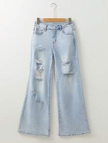 Women's Casual Distressed Denim Flare Jeans - Blue - View 3