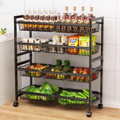 4Tier Kitchen Storage Cart Adjustable Rolling Pantry Storage Cart With 10 Baskets Handle 29''L Metal Snack Cart With Wheels Kitchen Shelf Organizer For Fruit Vegetables Potato Black