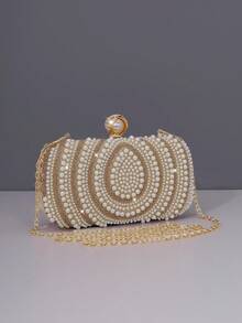 1 szt. Olśniewająca złota torebka wieczorowa z brokatem, kusząca, elegancka, wykwintna torebka z kryształkami, romantyczna torebka damska z perłami, idealny prezent na imprezę, wesele, galę, pasuje do sukienek imprezowych i sukienek z cekinami, elegancka torebka z pereł - Złoto - Zobacz 2