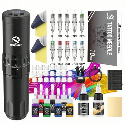 DQFART Cordless Rotary Tattoo Gun Kit, Suitable For Beginners And Tattoo Artists, 6 Stroke Lengths, Includes 10 Tattoo Needles, 7 Color Inks, Complete Tattoo Supplies