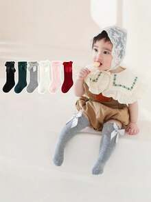 2/4/6双装圣诞系列红绿婴儿袜，西班牙风格蝴蝶结装饰公主长筒袜，适合幼儿女童 - 彩色 - 查看 4