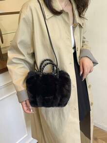 女士毛绒小水桶包，时尚简约手提包，毛茸茸休闲托特包，百搭可爱女士包，配有编织肩带和抽绳，新款女士皮草包 - 彩色 - 查看 5