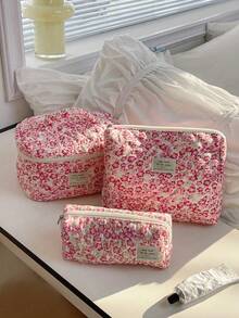 3pcs/1pc Printed Quilted Cosmetic Bag, Lightweight Travel Makeup Bag, Large Capacity Multi-Functional Cosmetic Organizer Pouch Autumn University Essentials Travel Essentials For Holiday Vacation Travel Bag For Women Makeup Organizer - Multicolor - View 2