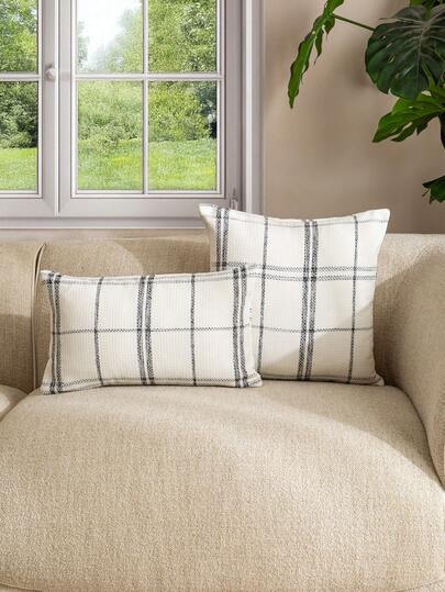 1 件 100% 涤纶雪尼尔编织格子靠垫套，现代家居抱枕套装饰卧室、客厅、沙发装饰，经典黑白可机洗枕套，无填充