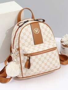 Lightweight,Business Casual Geometric Pattern Classic Backpack With Bag Charm, Women's Fashion Faux Leather School Bag for graduate, teen girls, freshman, sophomore, junior & senior in college, university & high school For Teen Girls Women College Students,Rookies & White-collar Workers Perfect for Office,College,Work ,Business,Commute,Outdoors, Travel, Outings - Multicolor - View 7