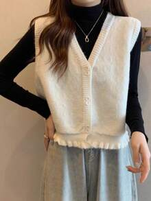 Chaleco de mujer con cuello en V para otoño/invierno con diseño de volantes en el bajo - Beis - Ver 3