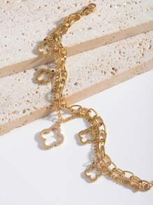 1pc High-Quality Charming Double-Layer Five-Leaf Clover Hollow Stainless Steel Women Bracelet, Suitable For Daily Wear, Party, Shopping, Gift For Women