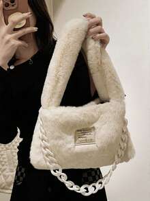 纯色毛绒单肩包，链条装饰，时尚风格 - 彩色 - 查看 2