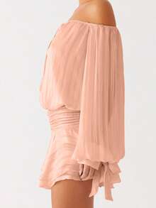 Vestido mini de tubo para mujer, moderno, sin espalda, sin tirantes, de manga larga, fruncido y con volantes - Rosa - Ver 2