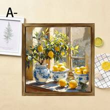 1 pièce Décoration murale de nature morte de style campagnard avec citrons - Décoration de cadre en bois rustique avec bocaux en porcelaine bleue et blanche, citrons brillants et scènes de fenêtre ensoleillée, parfait pour la maison, la cuisine, le bureau ou le garage, décoration saisonnière, décoration de cuisine au citron